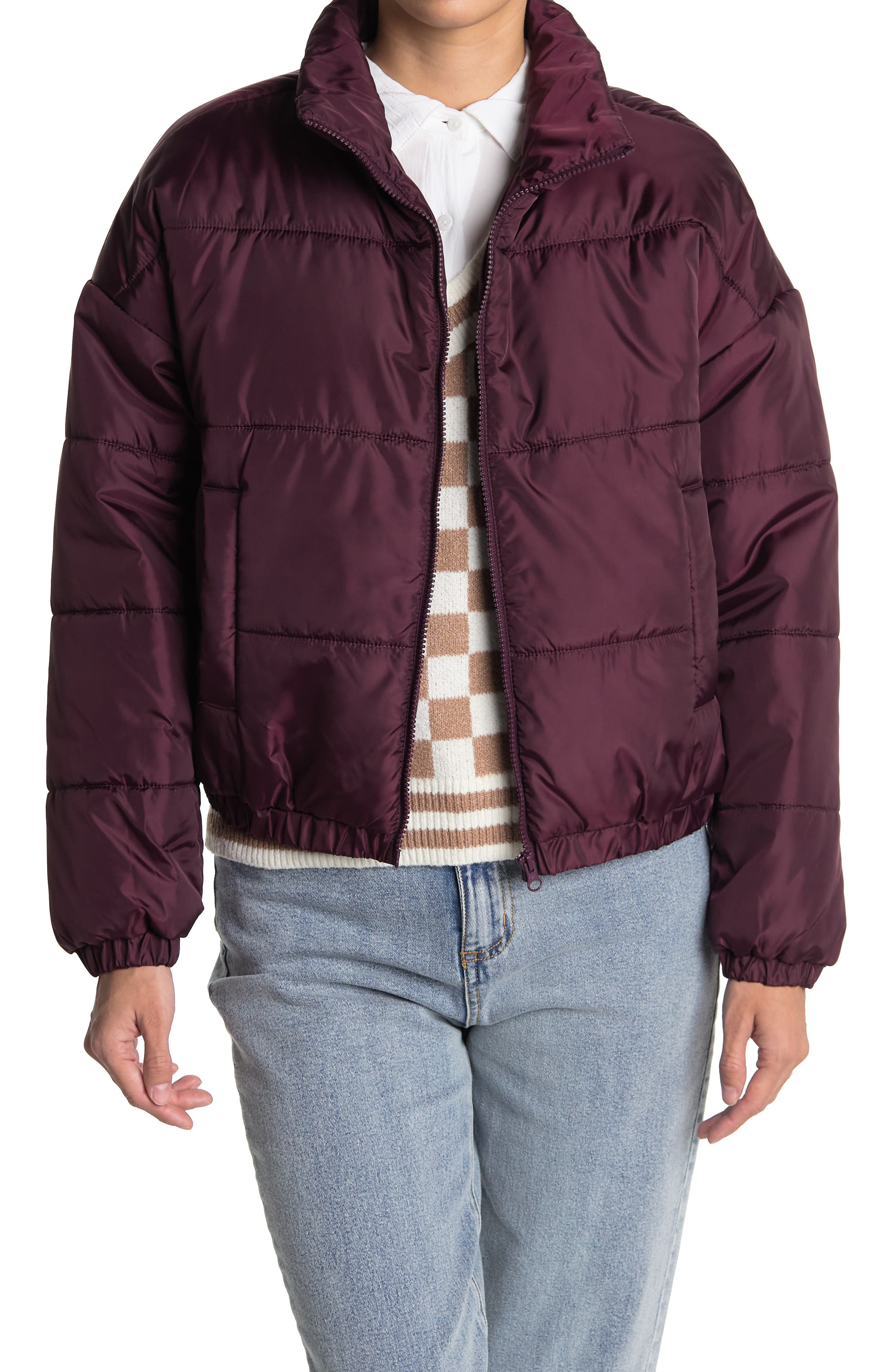 burgundy puffer jacket with fur hood