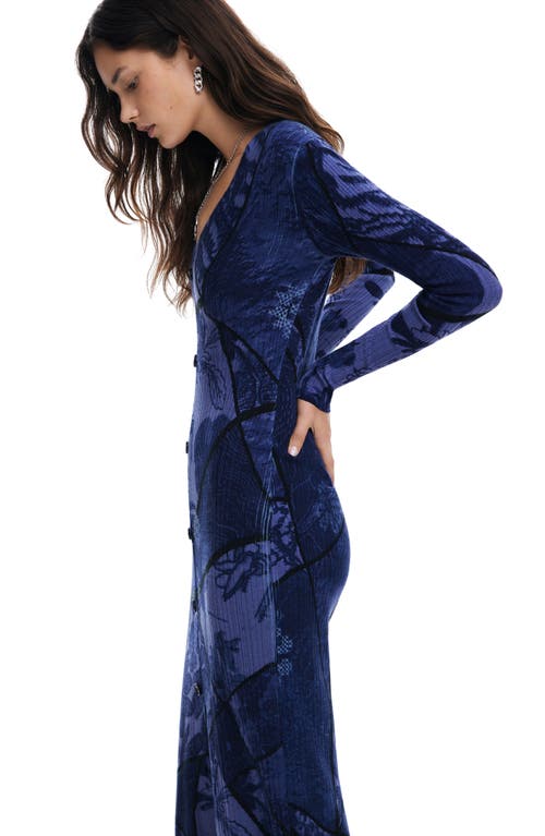 Desigual Blue Floral Long Sleeve Button Front Dress