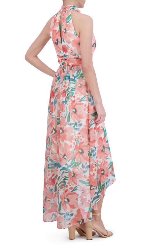 Shop Eliza J Floral Sleeveless High-low Chiffon Gown In Coral Multi