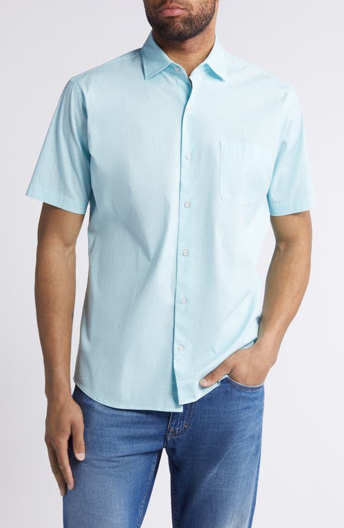 Peter Millar Piers Geo Pattern Short Sleeve Stretch Cotton Button-Up Shirt Mint Blue at Nordstrom,