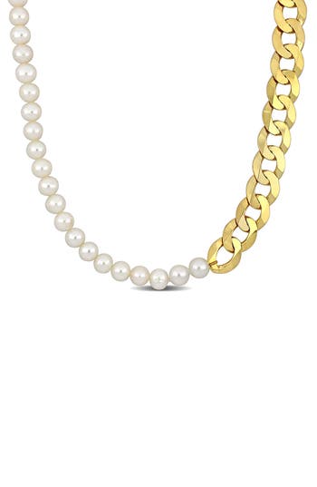 Delmar 7–7.5mm Cultured Freshwater Pearl Curb Chain Necklace In Pearl/yellow Gold