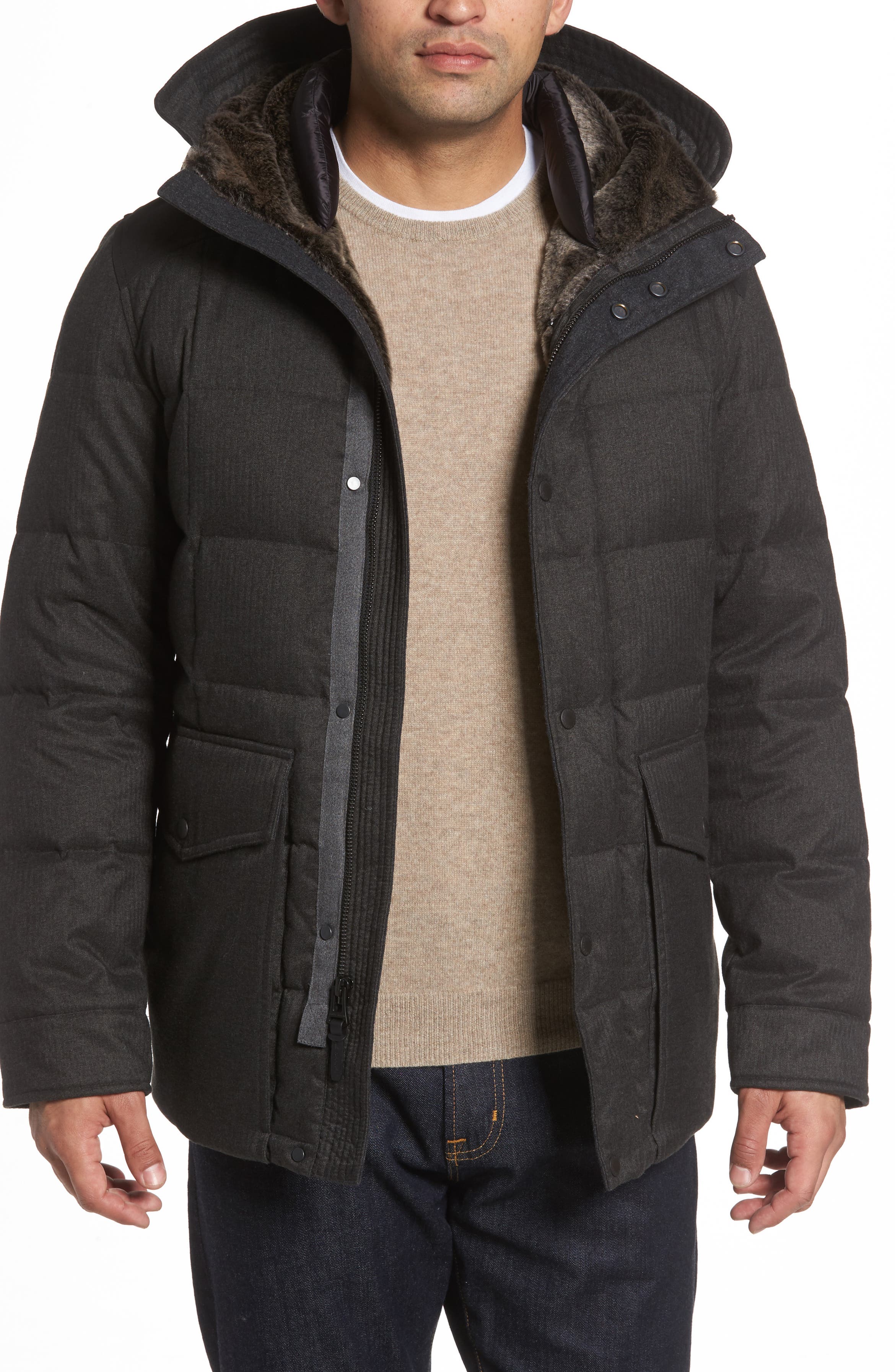 Cole Haan Faux Fur Trim Mixed Media Hooded Down Jacket | Nordstrom