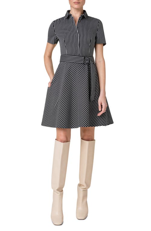 Akris punto Stripe Stretch Cotton Blend A-Line Dress in 093 Black-Cream at Nordstrom, Size 10