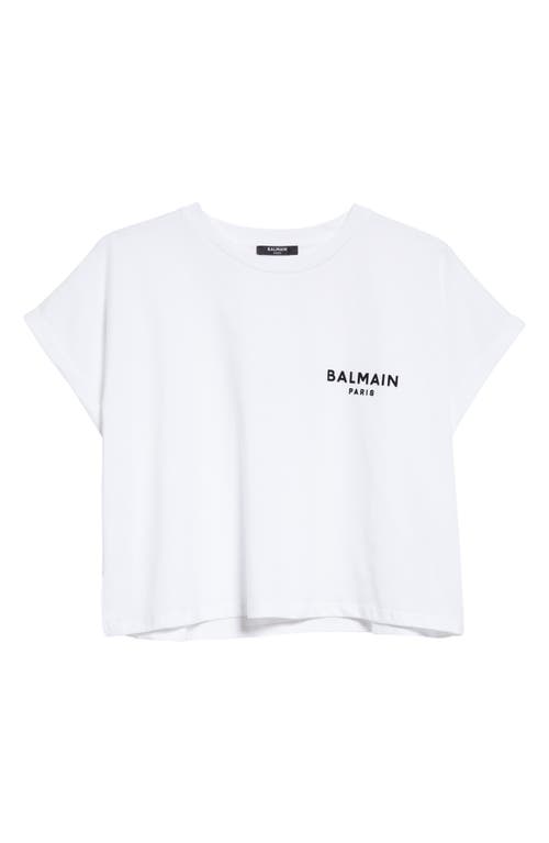 Shop Balmain Flocked Logo Crop T-shirt In Gab White/black