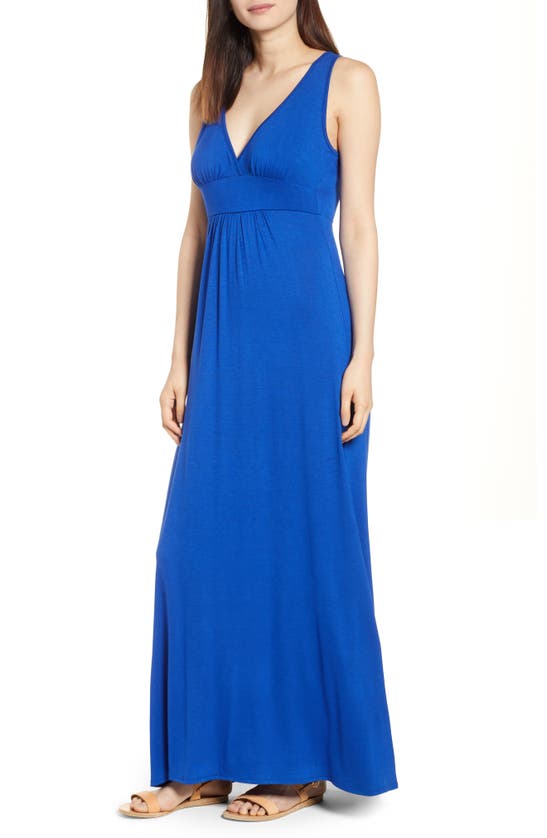 Loveappella V-neck Jersey Maxi Dress In Blue Maze