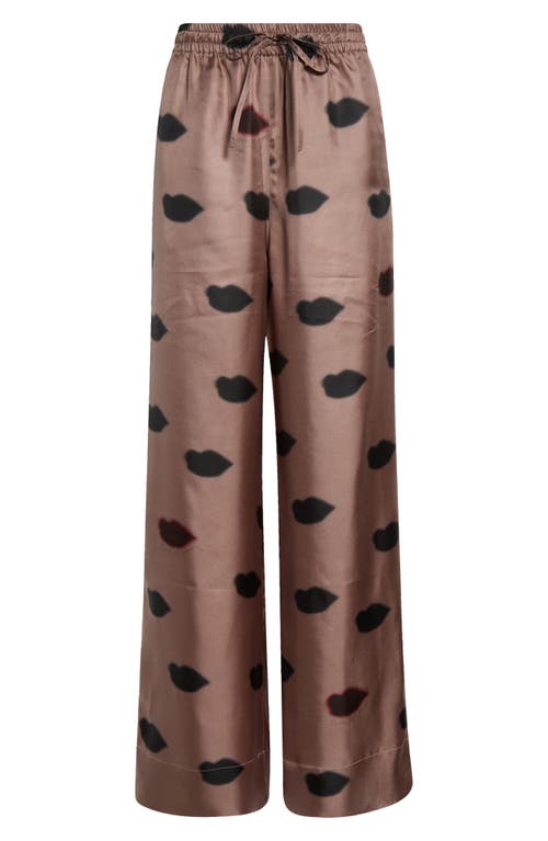 Shop Stella Mccartney Lips Print Wide Leg Silk Pajama Pants In 2810 - Light Taupe