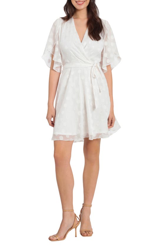 London Times Polka Dot Faux Wrap Dress In White