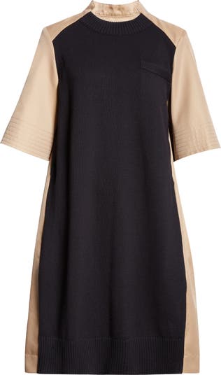 Cotton Gabardine & Sweater Knit Hybrid Dress