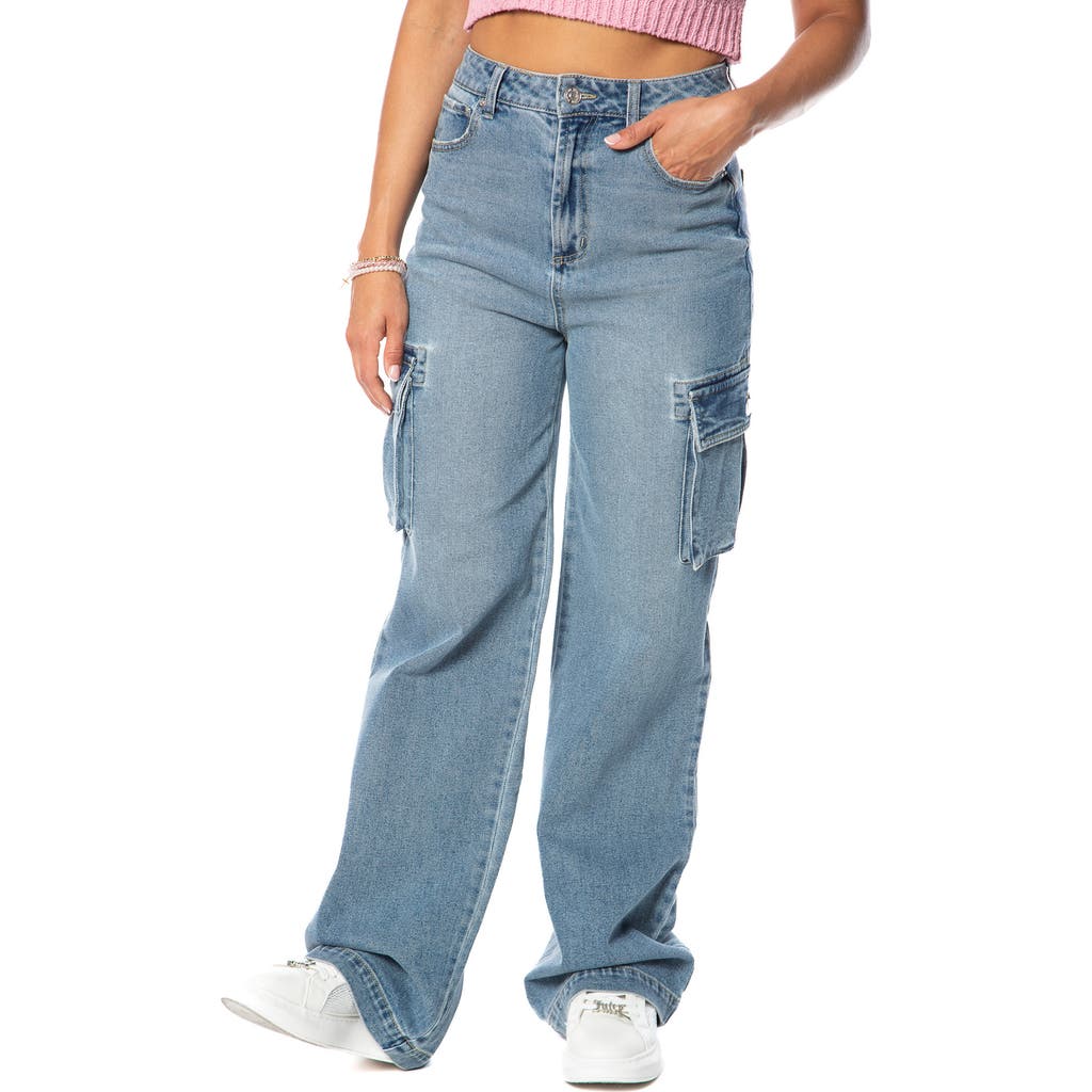 Juicy Couture Logo Wide Leg Cargo Jeans In Med Indigo Wash