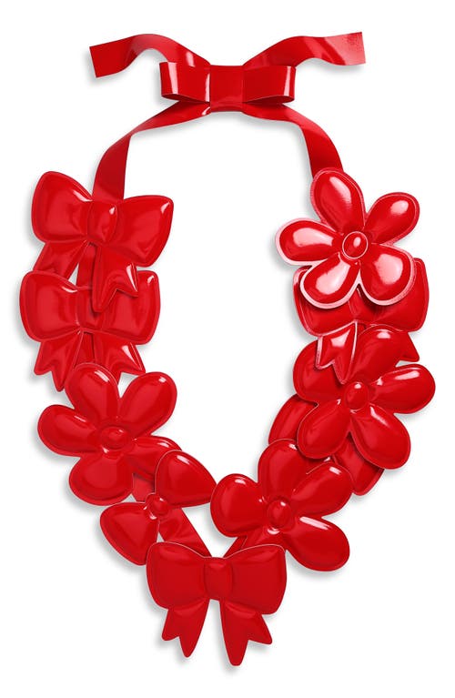 Bow & Flower Appliqué Faux Leather Necklace in Red