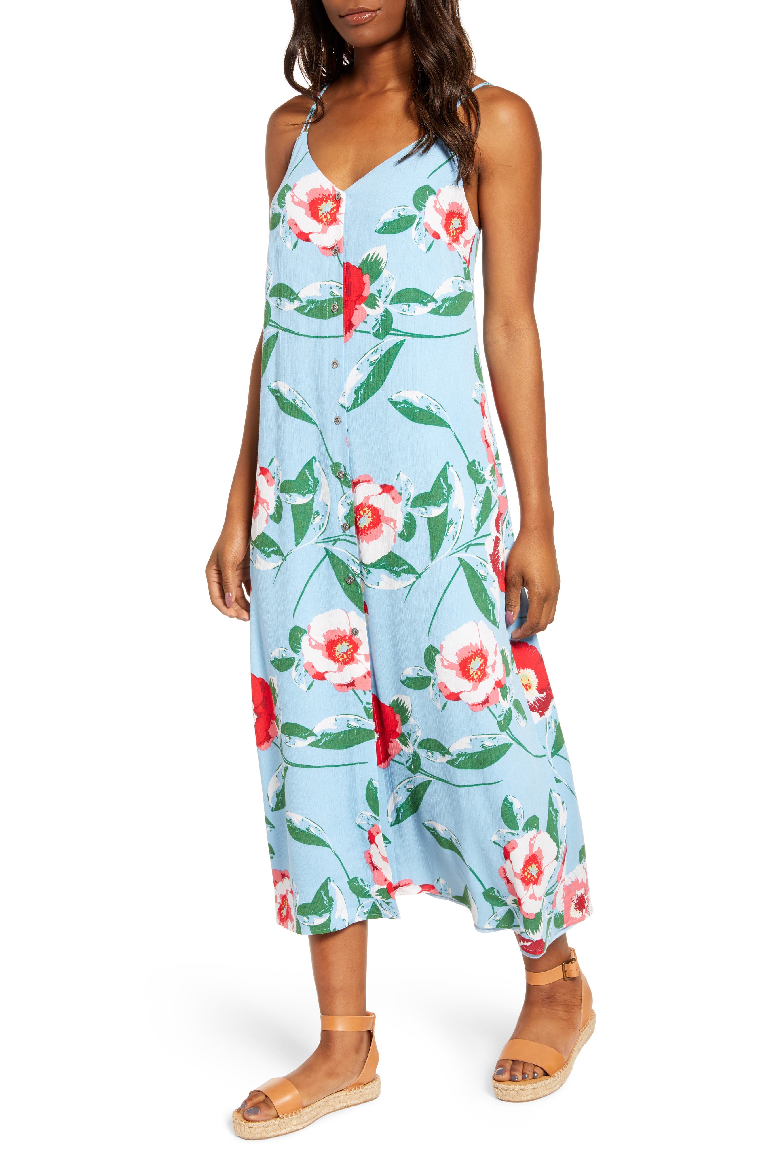 Petite Gibson X The Motherchic Al Fresco Strappy Button Up Midi Sundress, Blue