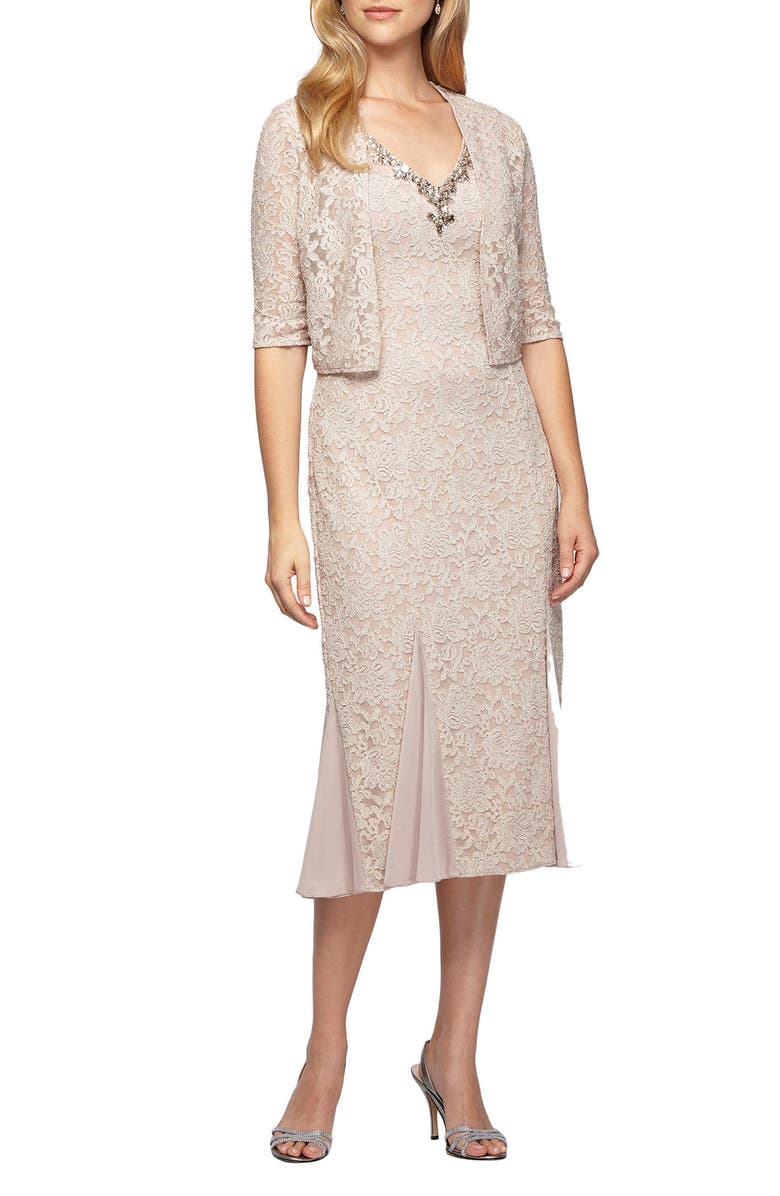 Alex Evenings Lace Tea Length Dress with Bolero Jacket (Regular ...