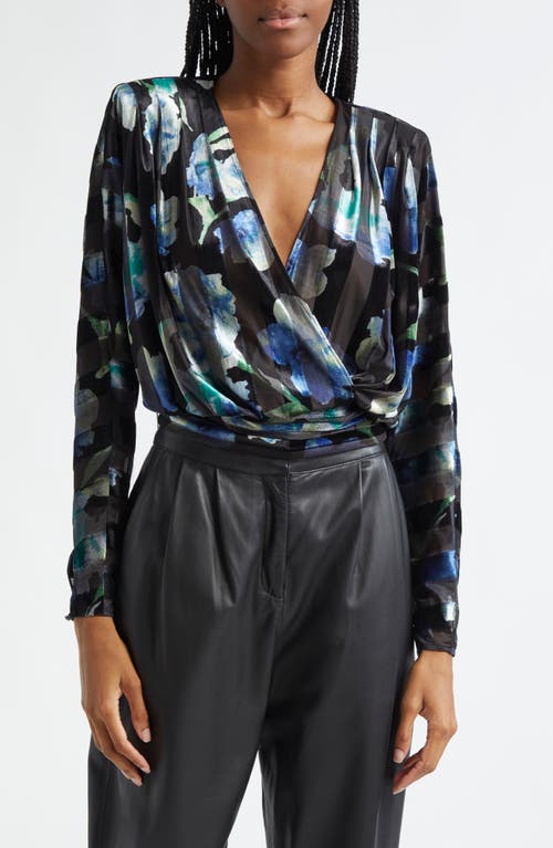 Shop Ramy Brook Orson Metallic Floral Mixed Media Top In Lapis Velvet