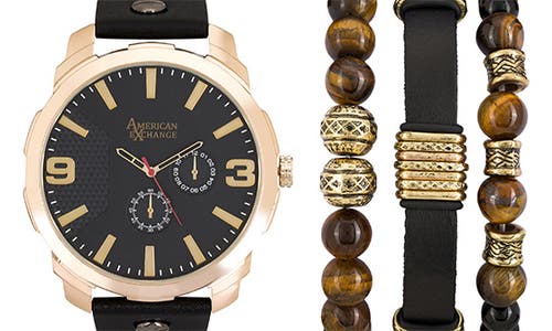 Shop I Touch Three Hand Quartz Leather Strap Watch & Bracelet Set In Black/gold
