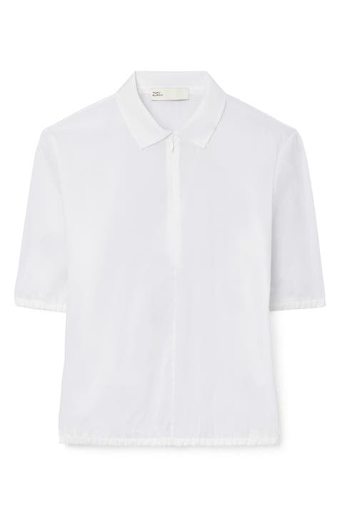 $128 Tory Burch Women's Beige Short-Sleeve Ruffle Emily Polo Shirt Top Small