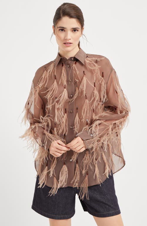 Shop Brunello Cucinelli Crispy Silk Shirt With Dazzling Feather Embroidery In Brown