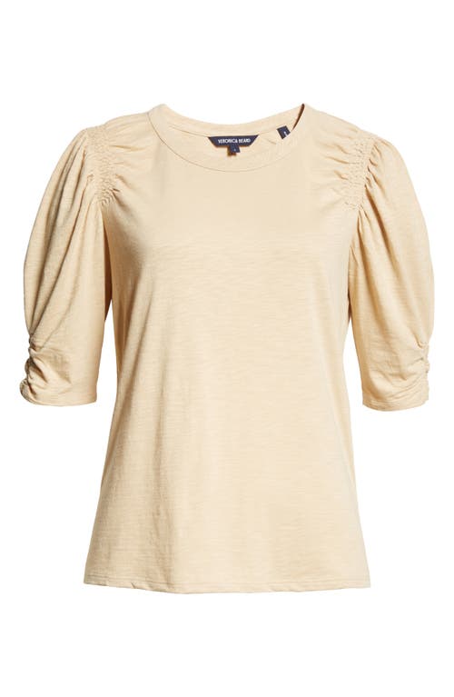 Shop Veronica Beard Jessa Smocked Shoulder Cotton T-shirt In Stone Khaki