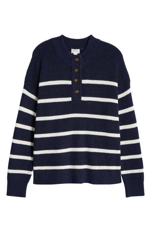 Shop Caslonr Caslon(r) Half Button Pima Cotton Blend Sweater In Navy- Ivory Renee Stripe