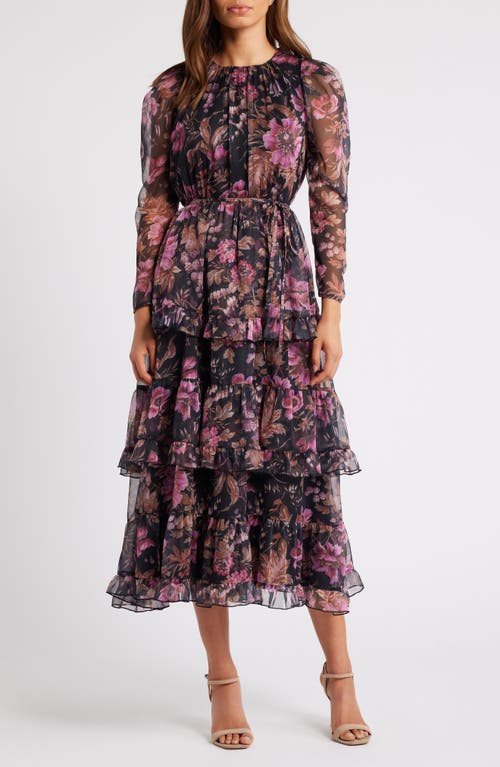 Shop Chelsea28 Floral Long Sleeve Tiered Midi Dress In Burgundy Multi