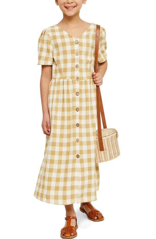 Hayden Girls Kids' Plaid Button Down Back Bow Maxi Dress In Mustard