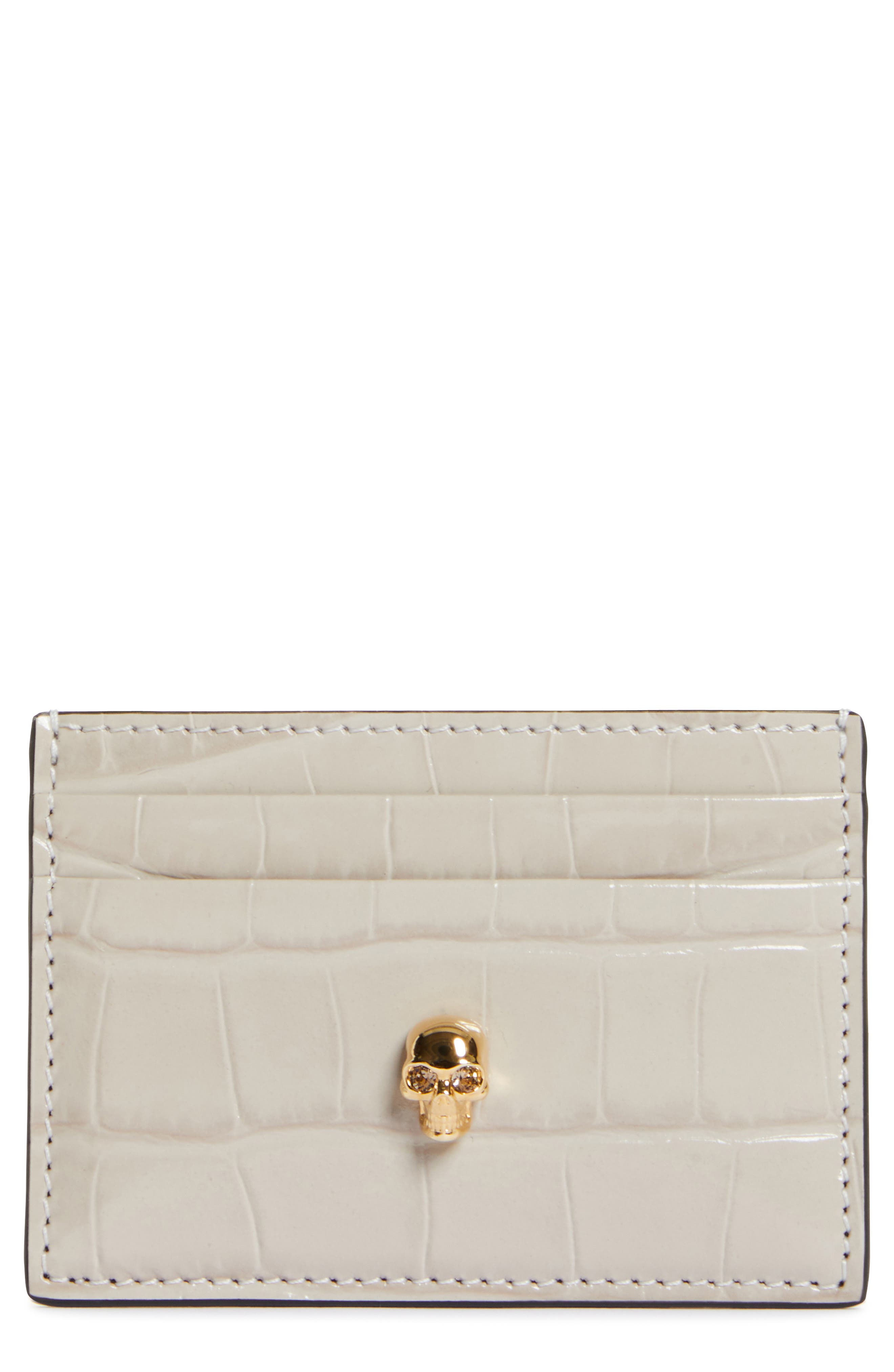 Alexander McQueen Croc Embossed Leather Card Case in Faded Grey at Nordstrom