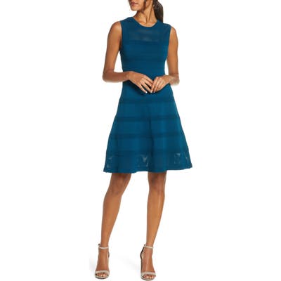 Petite Vince Camuto Sleeveless Mesh Fit & Flare Sweater Dress, Blue/green
