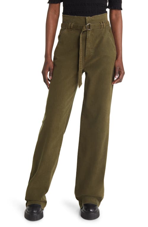 FRAME Belted High Paperbag Waist Wide Leg Pants in Military Green