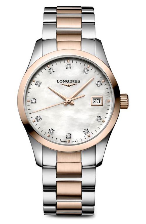 Longines Conquest Classic Diamond Index Bracelet Watch, 34mm in Two Tone/Mop at Nordstrom