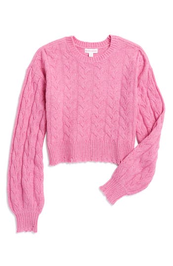 Design History Kids' Cable Knit Raw Edge Sweater In Pink Diamond/white