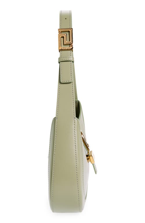 Shop Versace Small Greca Leather Hobo Bag In Taupe- Gold