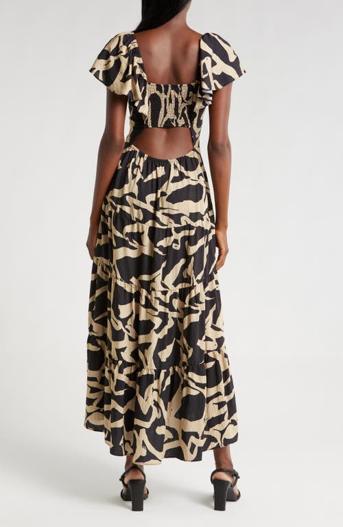 Melloday Printed Shirred Waist Tiered Maxi Sundress In Black/taupe Print