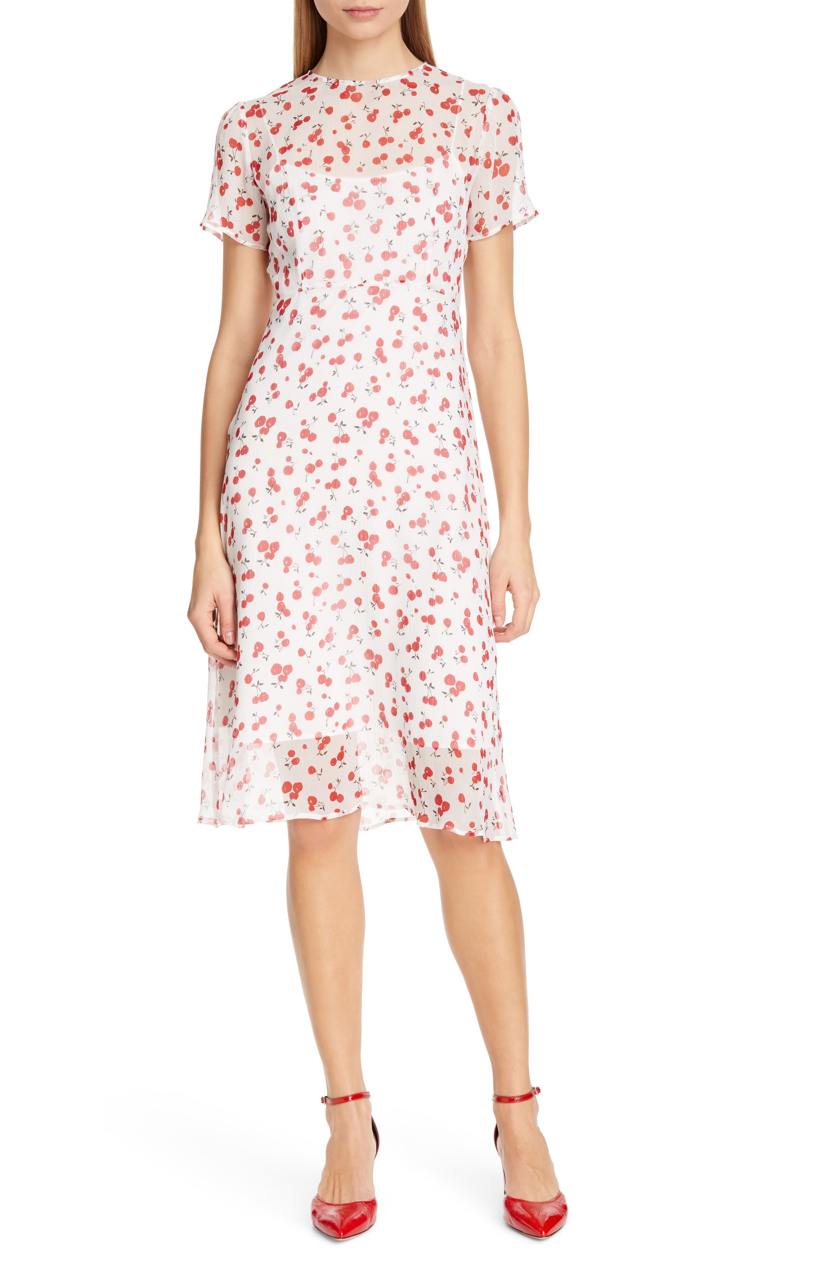 Hvn Lindy Cherry Print Silk Chiffon Dress, White