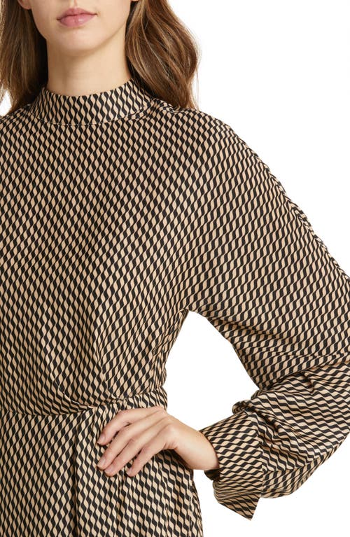 Zoe And Claire Squiggle Line Long Sleeve Mock Neck Midi Dress In Taupe/black
