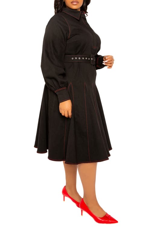 Buxom Couture Belted Long Sleeve Denim Shirtdress In Denim Black