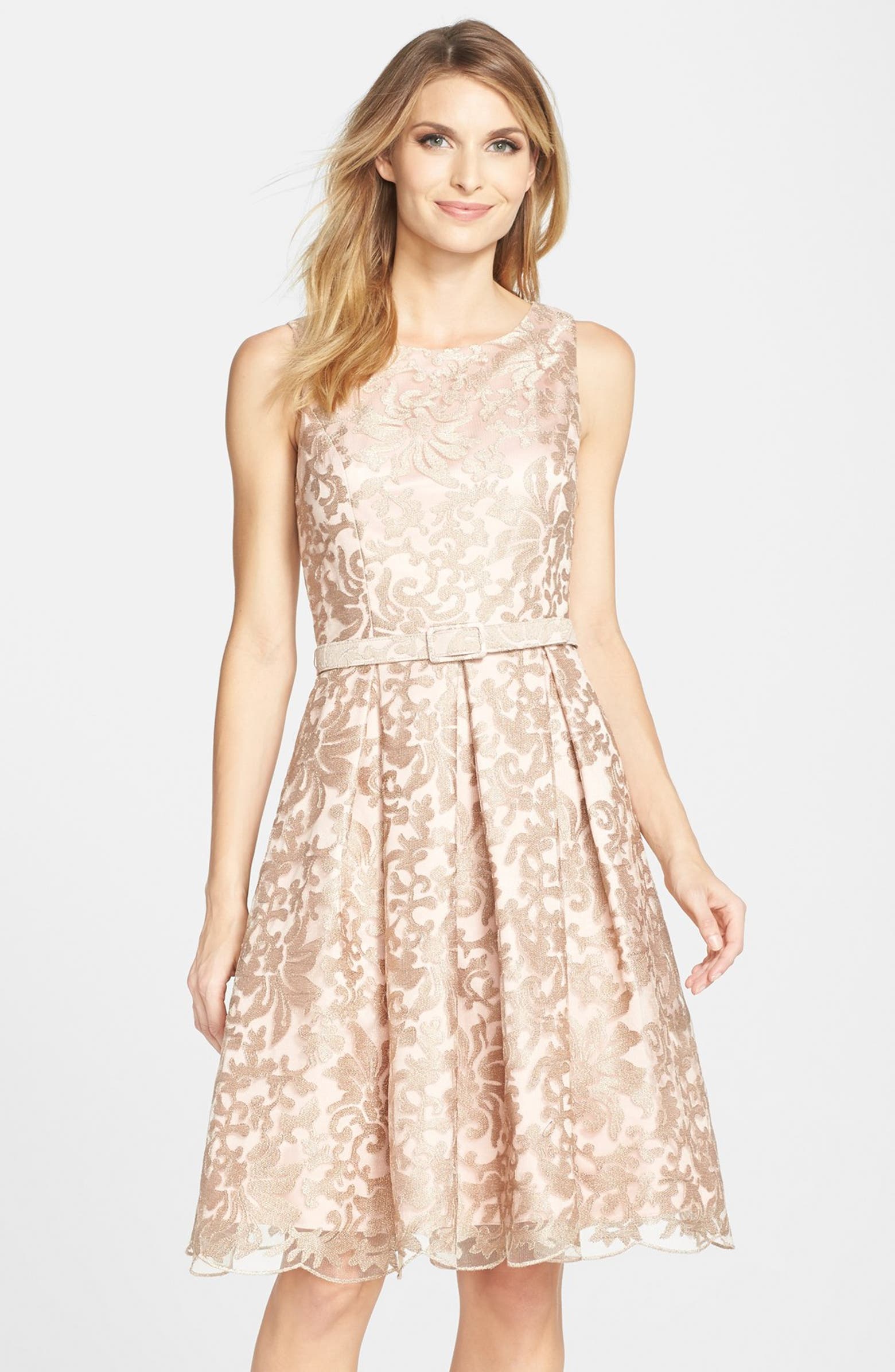 Eliza J Belted Embroidered Mesh Fit & Flare Dress (Regular & Petite