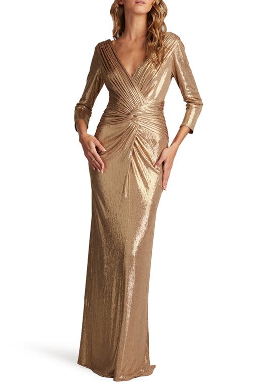 Twist Front Metallic Long Sleeve Gown in Gold Dust
