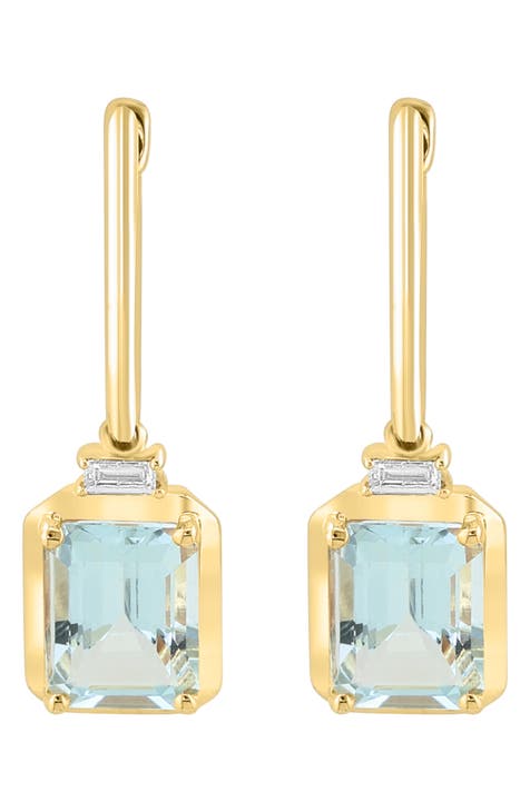 14K Yellow Gold Aquamarine & Diamond Drop Huggie Hoop Earrings - 0.06ct.