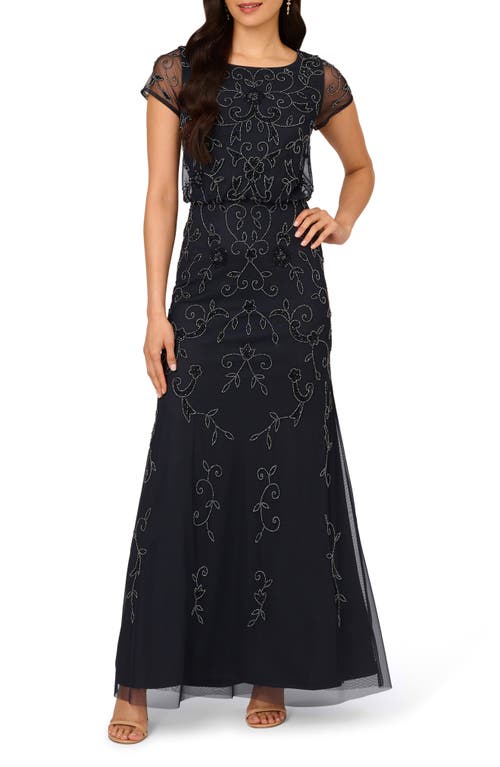 Shop Adrianna Papell Beaded Mesh Gown In Midnight