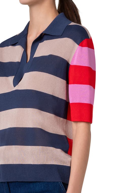 Shop Akris Punto Colorblock Stripe Sweater Polo In Ink-beige-pink-red