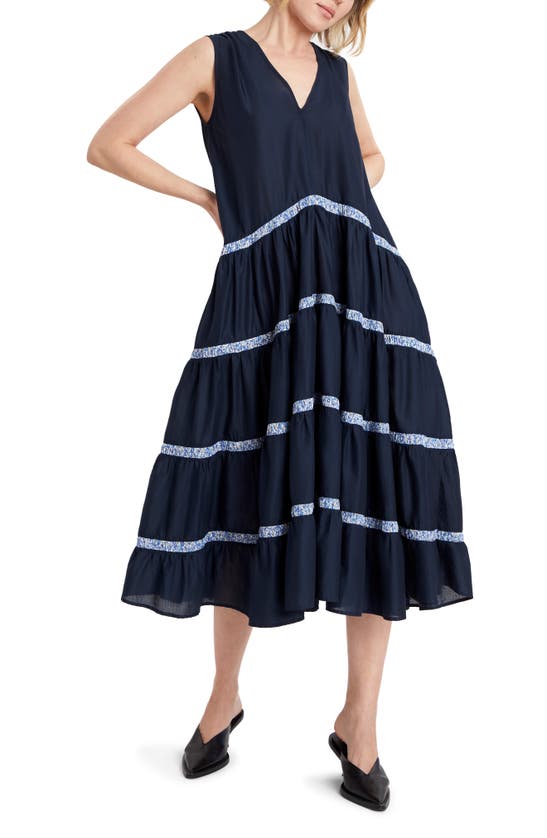 Shop Merlette X Liberty London Wallis Sleeveless Cotton Lawn Dress In Navy/ Liberty Blue Print