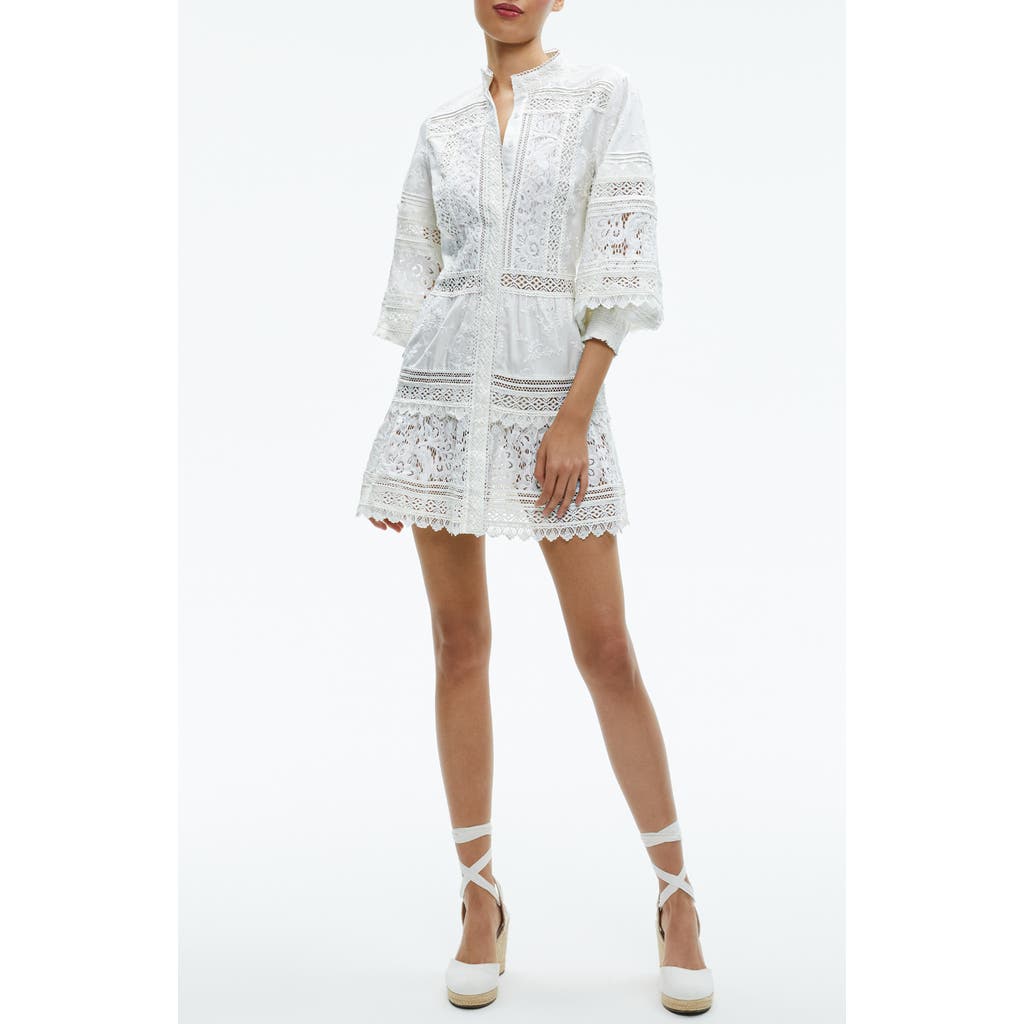 Alice And Olivia Alice + Olivia Cailin Mixed Lace Tiered Cotton Minidress In Off White
