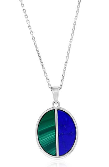 Simona Sterling Silver Malachite & Lapis Lazuli Oval Pendant Necklace In Malachite/lapis