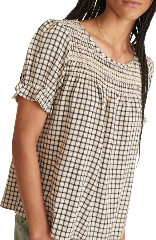 Marine Layer Elena Windowpane Plaid Smocked Yoke Top In Parchment/black Windowpane
