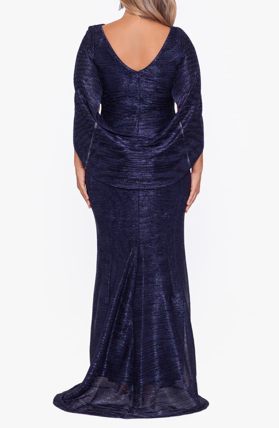 Betsy & Adam Crinkled Metallic Drape Back Gown In Navy/ Royal