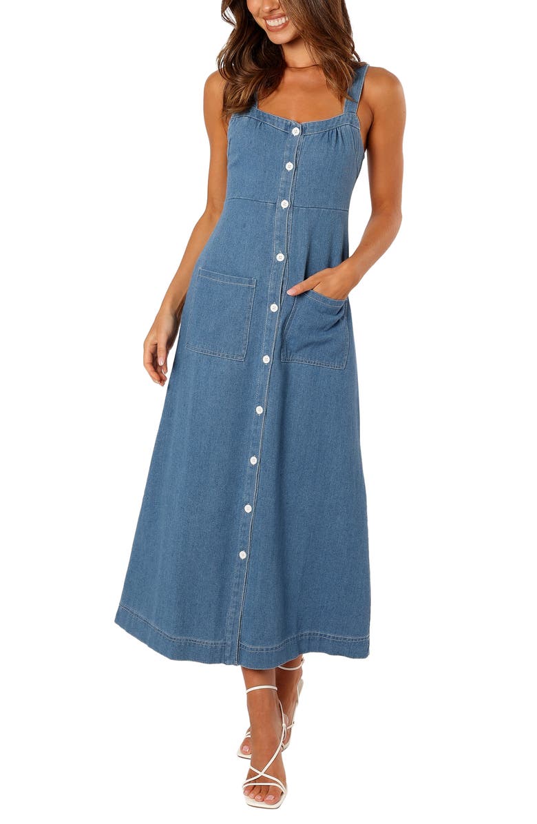Petal & Pup Bettie Button Front Midi Dress, Main, color, Denim