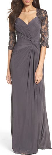 LA FEMME Ruched buy Twist Mesh Appliqué Column dress- size 12