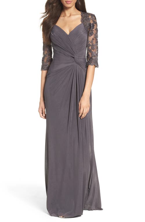 La Femme Ruched Twist Column Gown Gunmetal at Nordstrom,