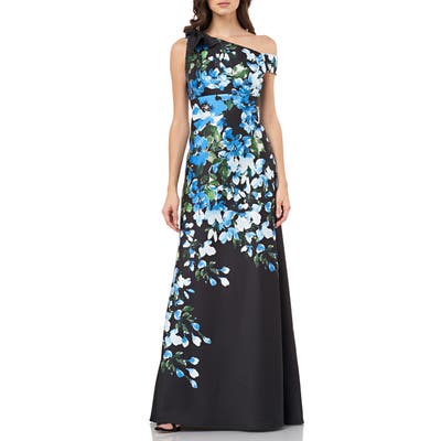 Carmen Marc Valvo Infusion Floral Print Bow Shoulder Gown, Black