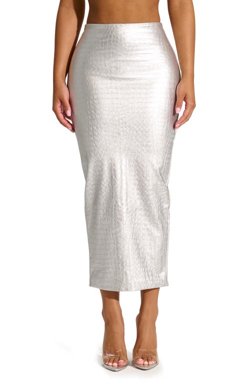 Naked Wardrobe The Crocodile Midi Skirt in Silver at Nordstrom, Size Small