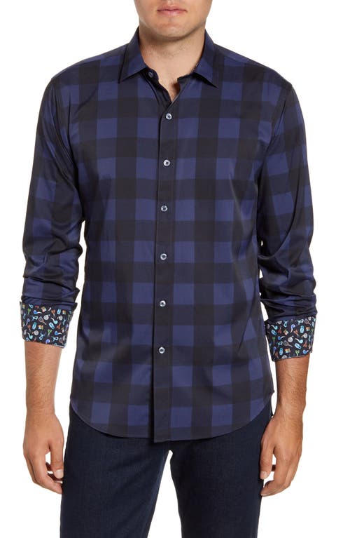 Bugatchi Shaped Fit Check Performance Button-Up Shirt in Midnight at Nordstrom, Size Large